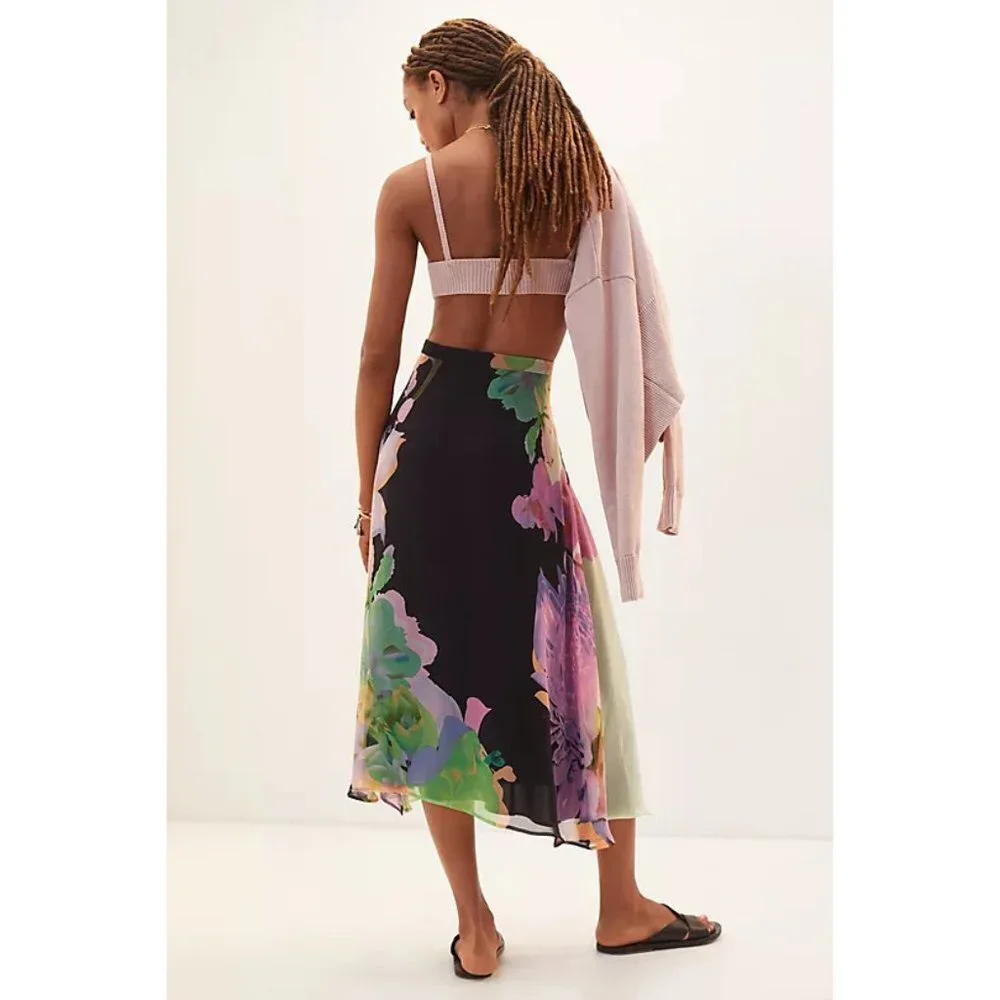 Eva Franco Anthropologie large Floral Midi Skirt A Line chiffon lavender black - Picture 4 of 6